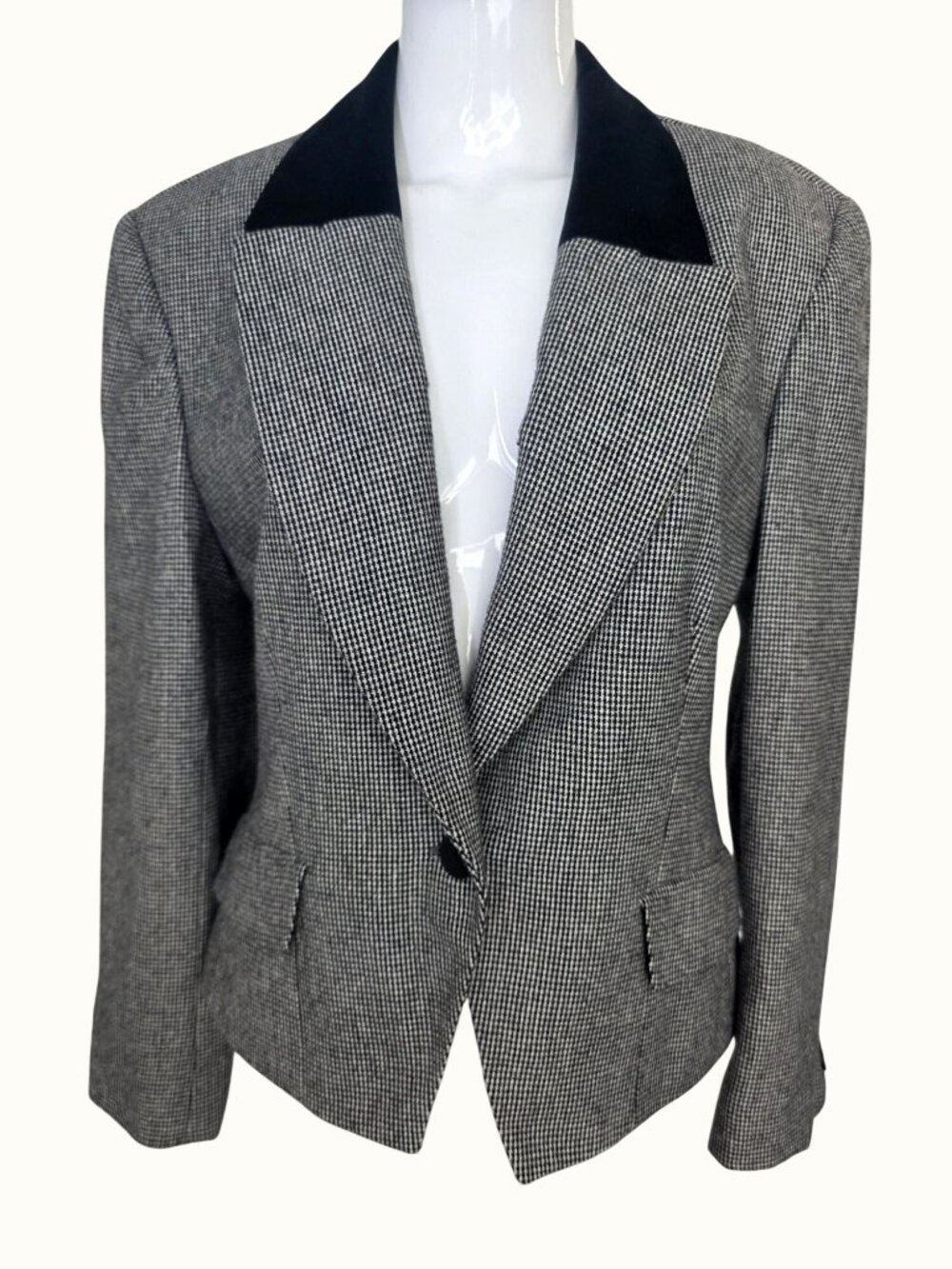 Vintage Evan Picone Blazer Womens 12 Black White Houndstooth w Velvet Collar USA